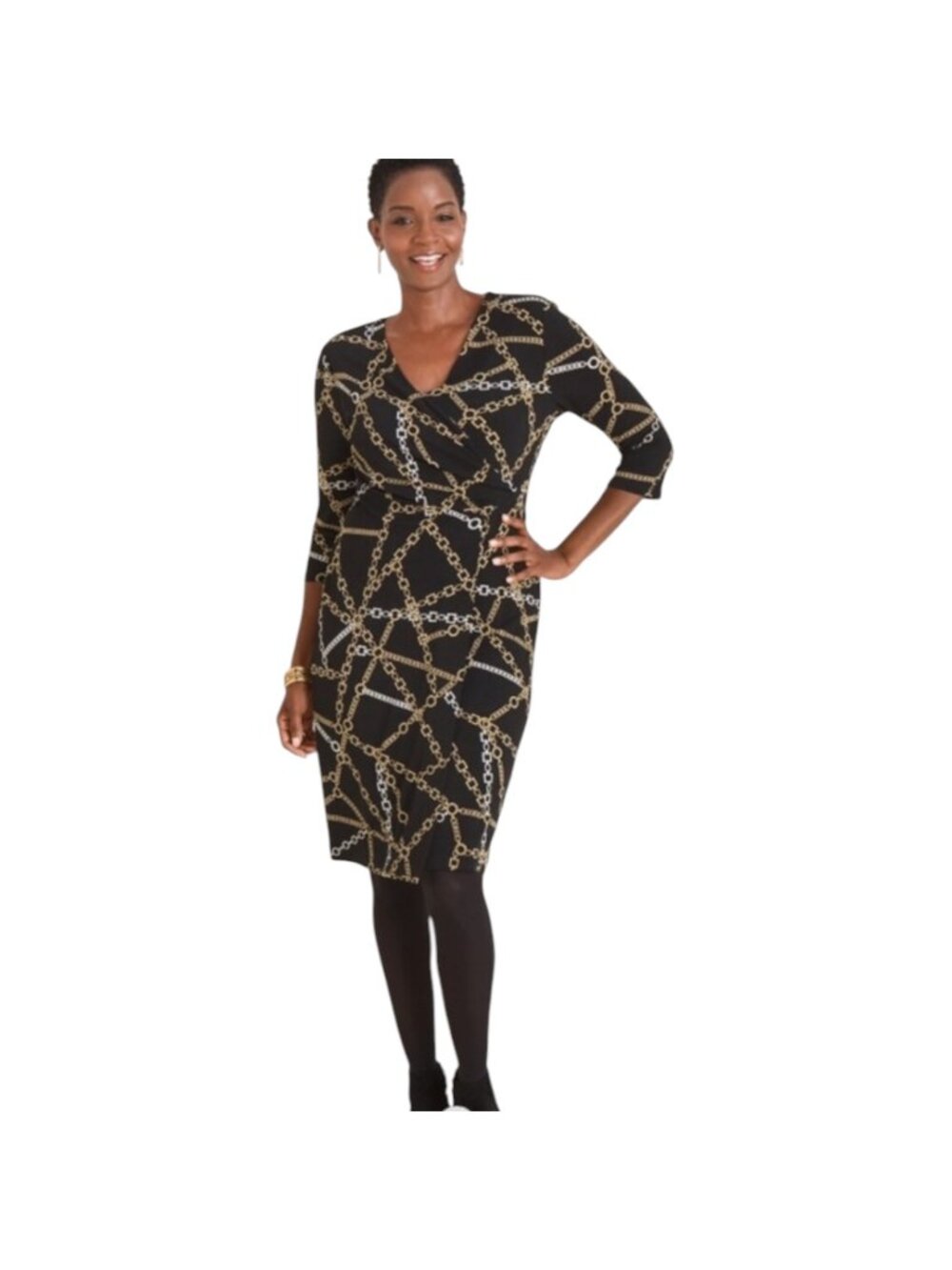 Chico's Women's Black Chain Print Faux Wrap Dress 3/4 Sleeves Size 2 (12/14)